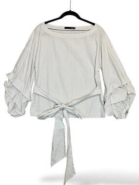 Polka Dot Balloon Sleeve Blouse Tie Waist White Black Boho Feminine M